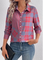 Red Button Plaid Long Sleeve Shirt Collar Blouse | thumb picture 
