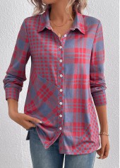 Red Button Plaid Long Sleeve Shirt Collar Blouse