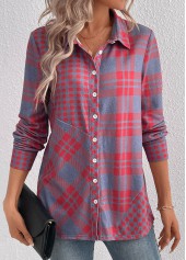 Red Button Plaid Long Sleeve Shirt Collar Blouse | thumb picture 