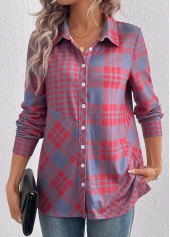 Red Button Plaid Long Sleeve Shirt Collar Blouse | thumb picture 