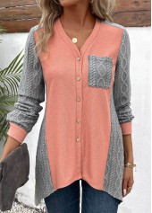 Orange Patchwork Long Sleeve V Neck Blouse