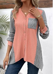 Orange Patchwork Long Sleeve V Neck Blouse | thumb picture 