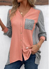 Orange Patchwork Long Sleeve V Neck Blouse | thumb picture 