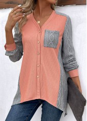 Orange Patchwork Long Sleeve V Neck Blouse | thumb picture 
