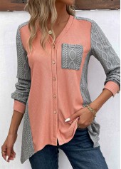 Orange Patchwork Long Sleeve V Neck Blouse | thumb picture 