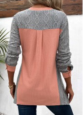 Orange Patchwork Long Sleeve V Neck Blouse | thumb picture 