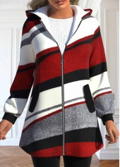 Wine Red Pocket Geometric Print Long Sleeve Hooded Coat