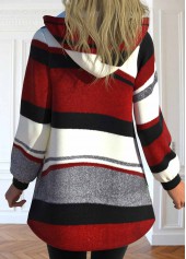 Wine Red Pocket Geometric Print Long Sleeve Hooded Coat | thumb picture 