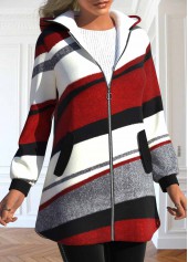 Wine Red Pocket Geometric Print Long Sleeve Hooded Coat | thumb picture 