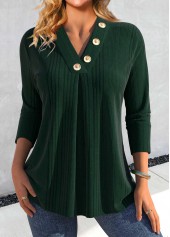 Blackish Green Button Long Sleeve V Neck T Shirt