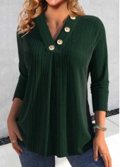 Blackish Green Button Long Sleeve V Neck T Shirt | thumb picture 