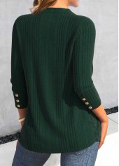 Blackish Green Button Long Sleeve V Neck T Shirt | thumb picture 
