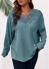 Dusty Blue Patchwork Plus Size Long Sleeve T Shirt