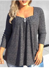 Dark Grey Button Plus Size Long Sleeve T Shirt