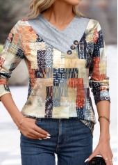 Light Grey Patchwork Geometric Print Long Sleeve T Shirt | thumb picture 