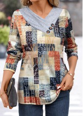 Light Grey Patchwork Geometric Print Long Sleeve T Shirt