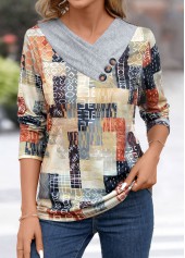 Light Grey Patchwork Geometric Print Long Sleeve T Shirt | thumb picture 