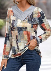 Light Grey Patchwork Geometric Print Long Sleeve T Shirt | thumb picture 