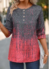 Coral Button Ombre Three Quarter Length Sleeve T Shirt