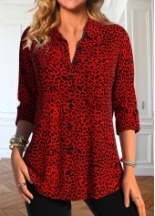Red Button Leopard Long Sleeve Shirt Collar Blouse
