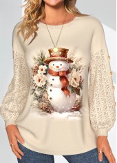 Christmas Lace Snowman Print Long Sleeve Round Neck Sweatshirt