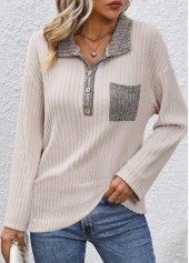 Beige Button Long Sleeve Turn Down Collar Sweatshirt