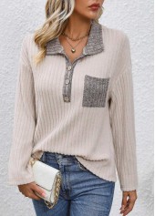 Beige Button Long Sleeve Turn Down Collar Sweatshirt | thumb picture 