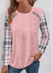 Pink Patchwork Plaid Long Sleeve Round Neck Sweatshirt