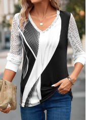 Grey Lace Geometric Print Long Sleeve T Shirt