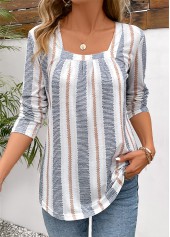 Patchwork Striped Long Sleeve Square Neck T Shirt | thumb picture 