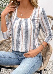 Patchwork Striped Long Sleeve Square Neck T Shirt | thumb picture 