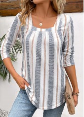 Patchwork Striped Long Sleeve Square Neck T Shirt