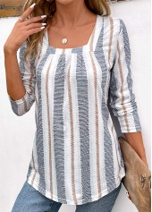 Patchwork Striped Long Sleeve Square Neck T Shirt | thumb picture 
