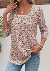 Yellow Ruched Ditsy Floral Print Long Sleeve T Shirt | thumb picture 