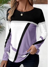 Plus Size Light Purple Patchwork Geometric Print T Shirt