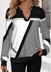Black Patchwork Geometric Print Split Neck Sweatshirt