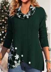Christmas Blackish Green Button Snowflake Print Cowl Neck Sweatshirt | thumb picture 