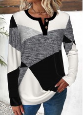 Multi Color Button Geometric Print Long Sleeve T Shirt | thumb picture 