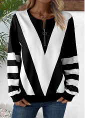 Black Zipper Striped Long Sleeve Round Neck Sweatshirt