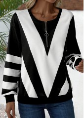 Black Zipper Striped Long Sleeve Round Neck Sweatshirt