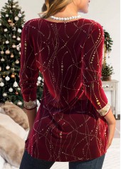 Wine Red Sequin Long Sleeve Heart Collar T Shirt | thumb picture 