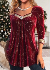 Wine Red Sequin Long Sleeve Heart Collar T Shirt | thumb picture 
