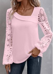 Light Pink Lace Long Sleeve Asymmetrical Neck Blouse