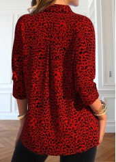 Plus Size Red Button Leopard Shirt Collar Blouse | thumb picture 