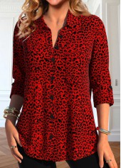 Plus Size Red Button Leopard Shirt Collar Blouse | thumb picture 