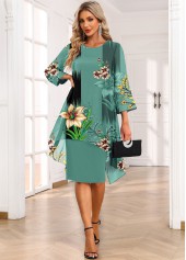 Green Fake 2in1 Floral Print High Low Dress