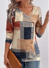 Light Camel Asymmetry Plaid Long Sleeve T Shirt