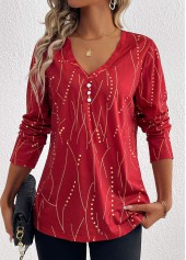 Plus Size Wine Red Button Geometric Print T Shirt | thumb picture 