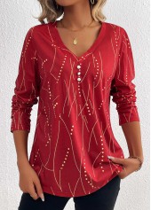 Plus Size Wine Red Button Geometric Print T Shirt | thumb picture 