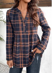 Navy Tuck Stitch Plaid Long Sleeve Split Neck Blouse